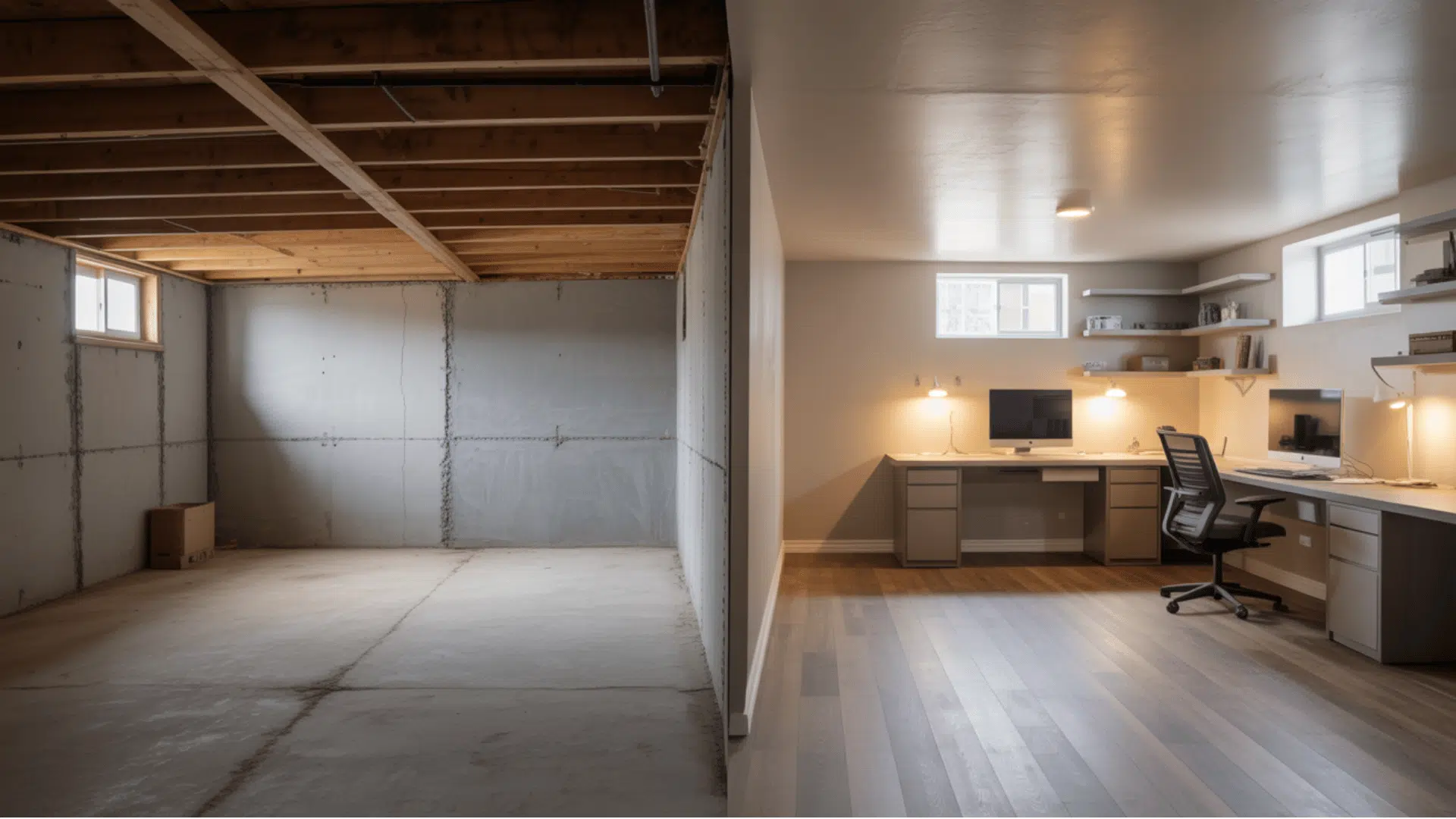 before-and-after basement showing an unfinished room converted into a modern home office