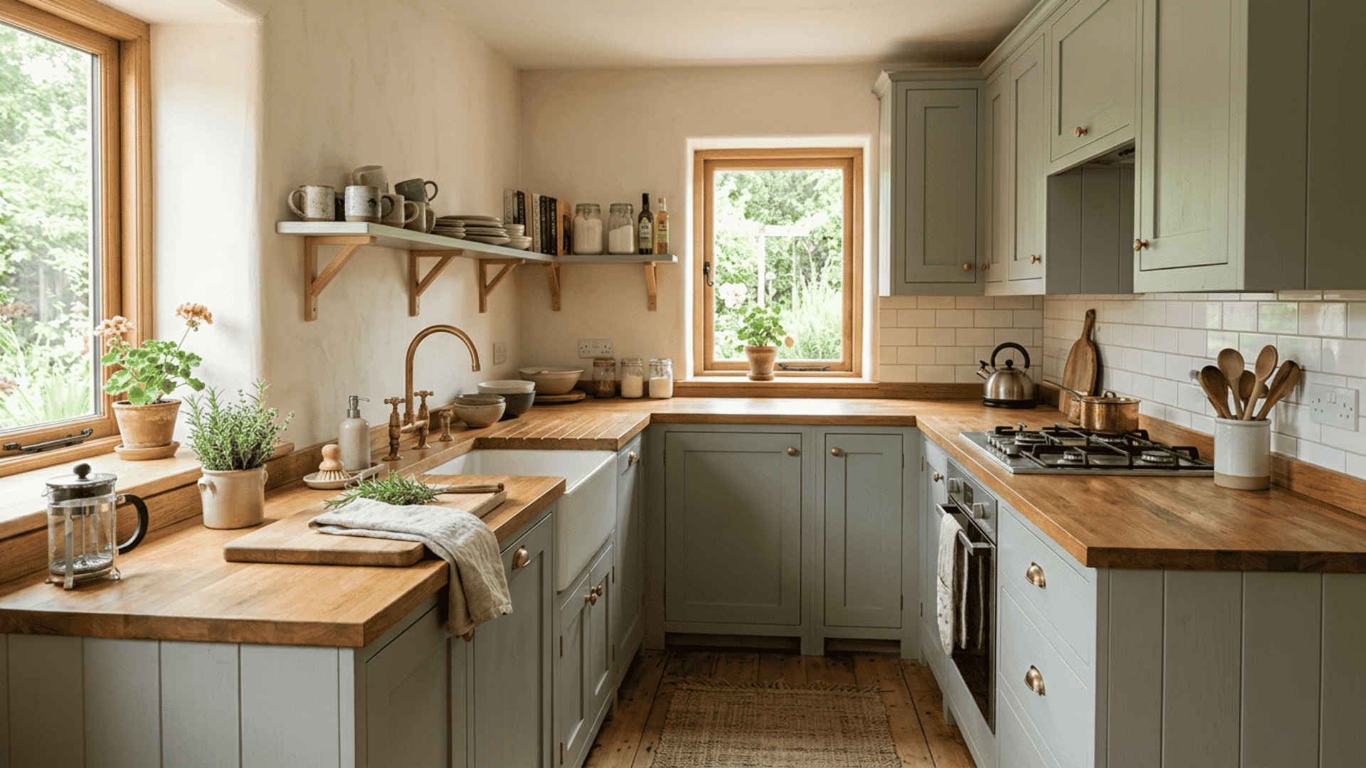 Sage green cabinets with warm butcher block countertops