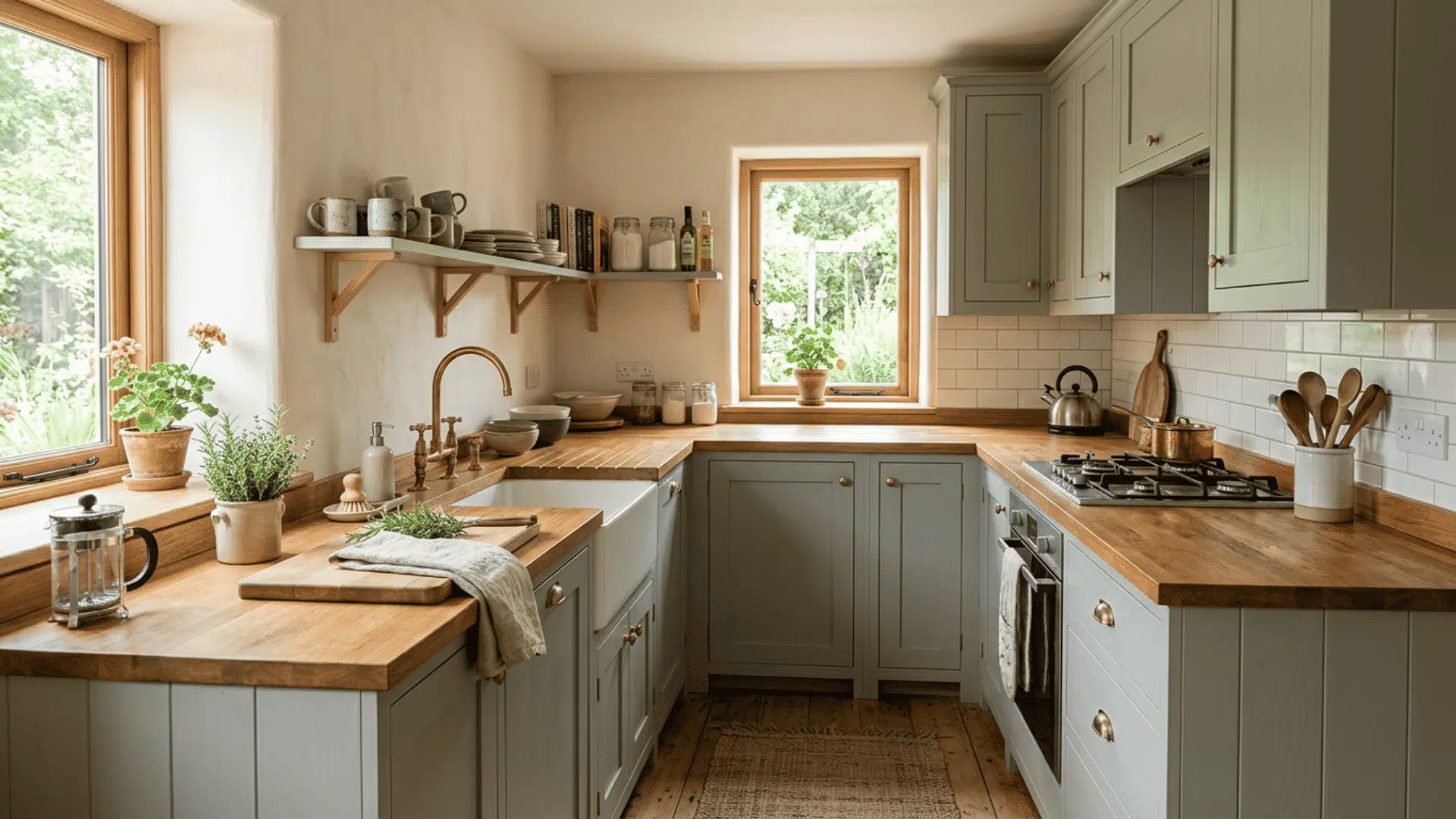 Sage green cabinets with warm butcher block countertops