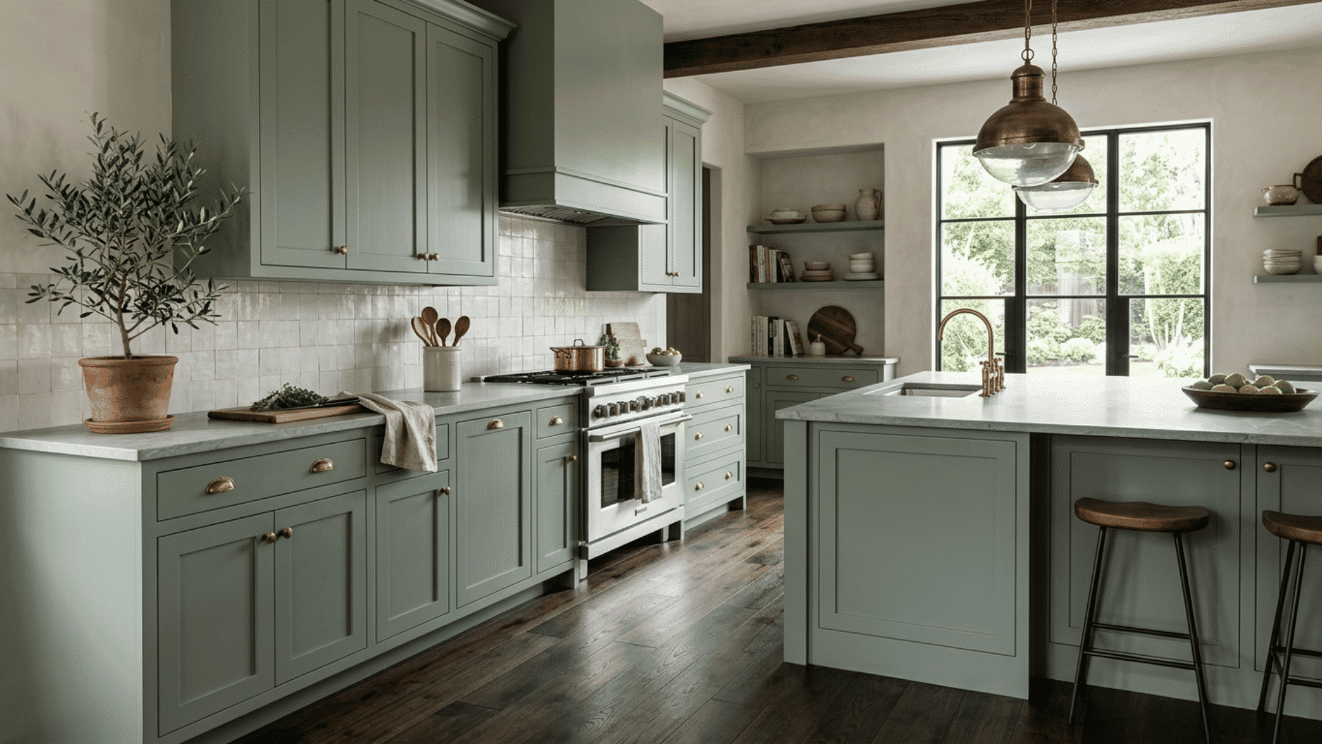 Sage green kitchen with dark wood floors and a large island