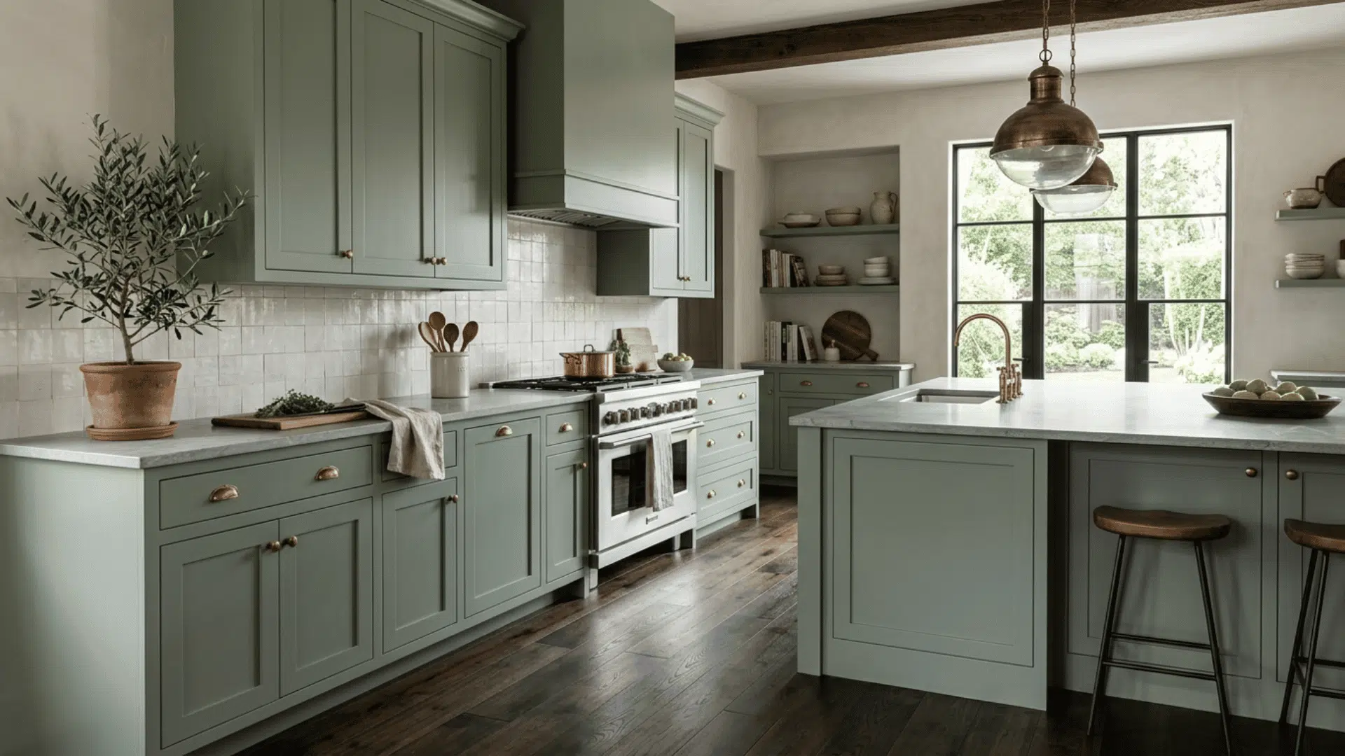 Sage green kitchen with dark wood floors and a large island