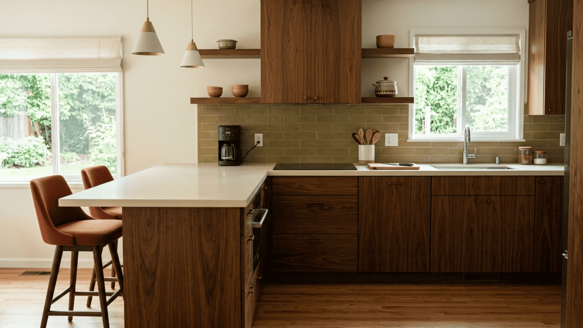 Walnut kitchen with olive, rust, cream, and mustard accents