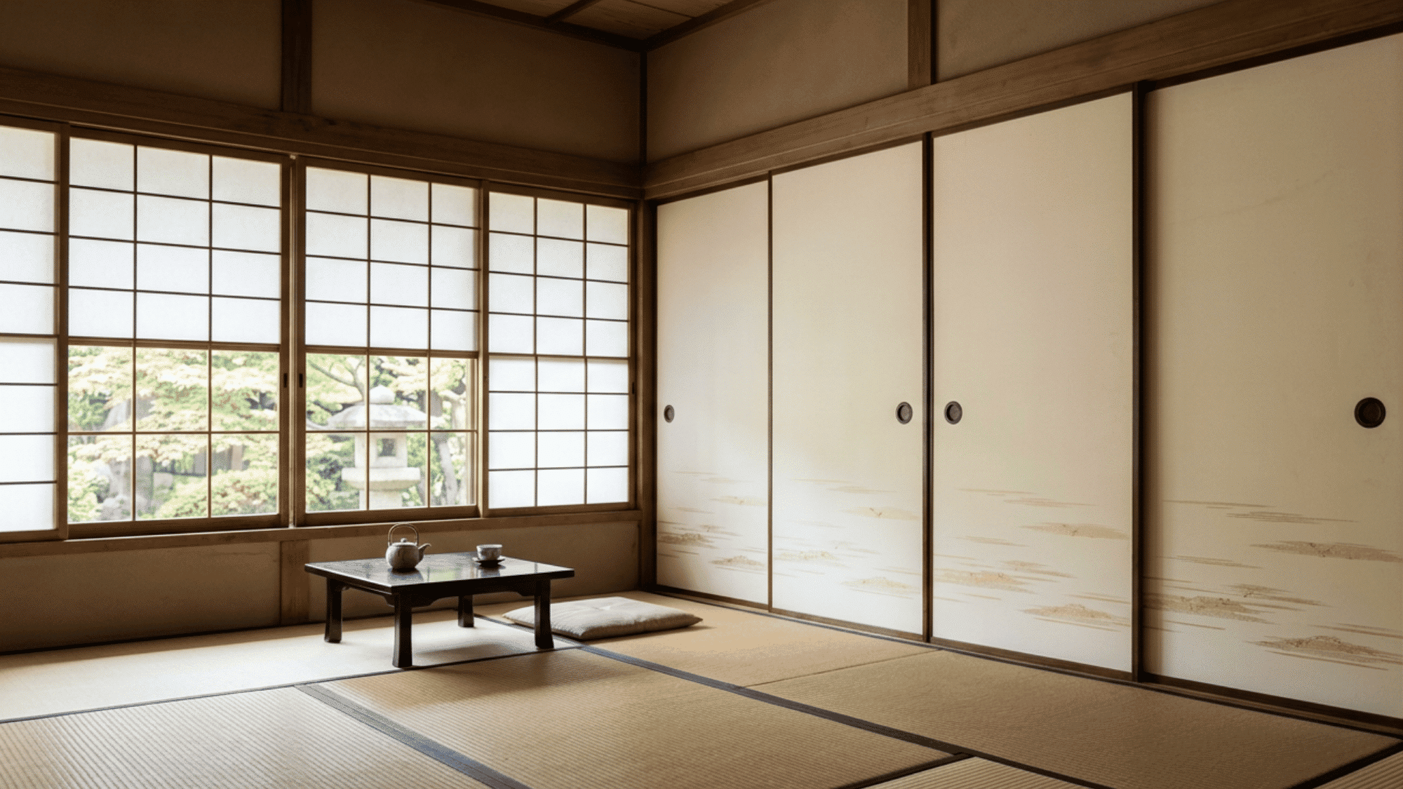 Traditional Japanese room with shoji screens and tatami flooring