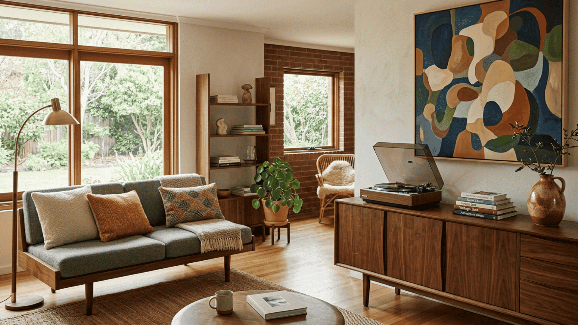 Mid-century room with artwork, plants, books, and a record player