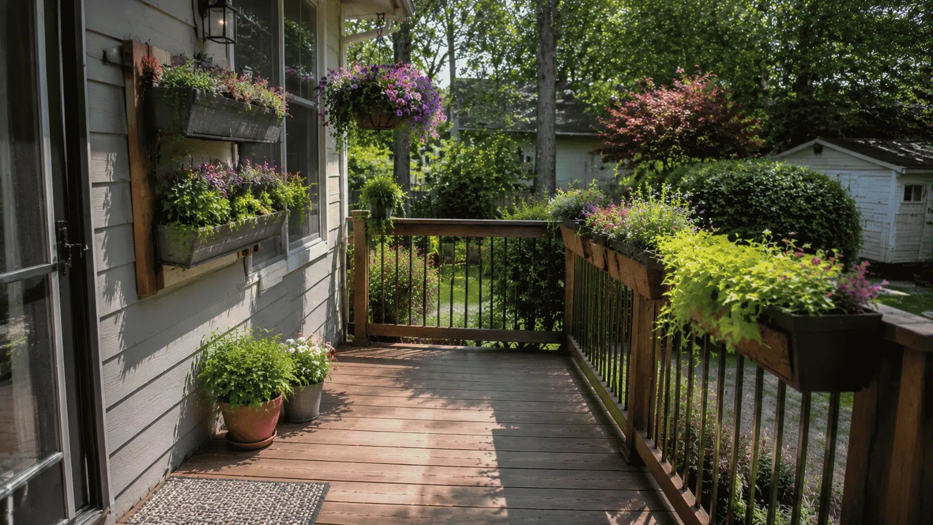 Small deck with vertical planters and greenery adding color without using floor space.