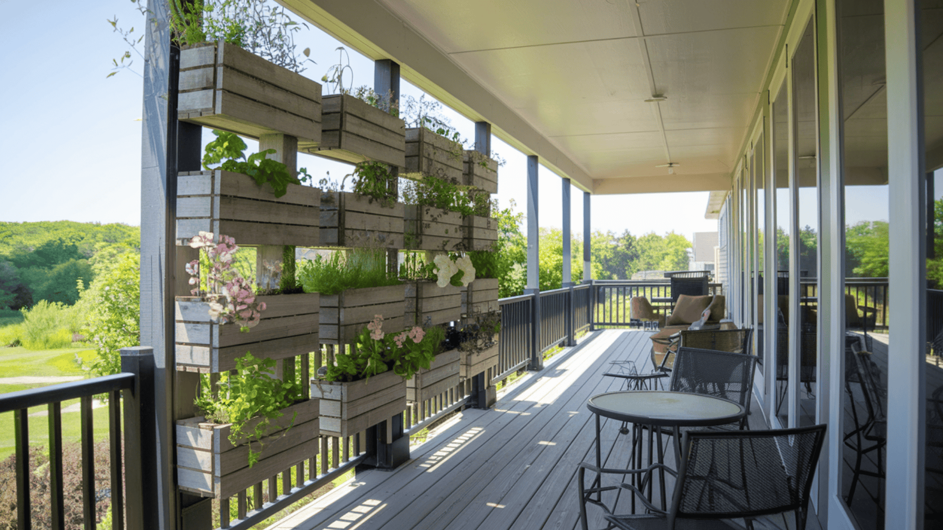 vertical planter wall on a narrow deck adds greenery, privacy, and saves valuable floor space.