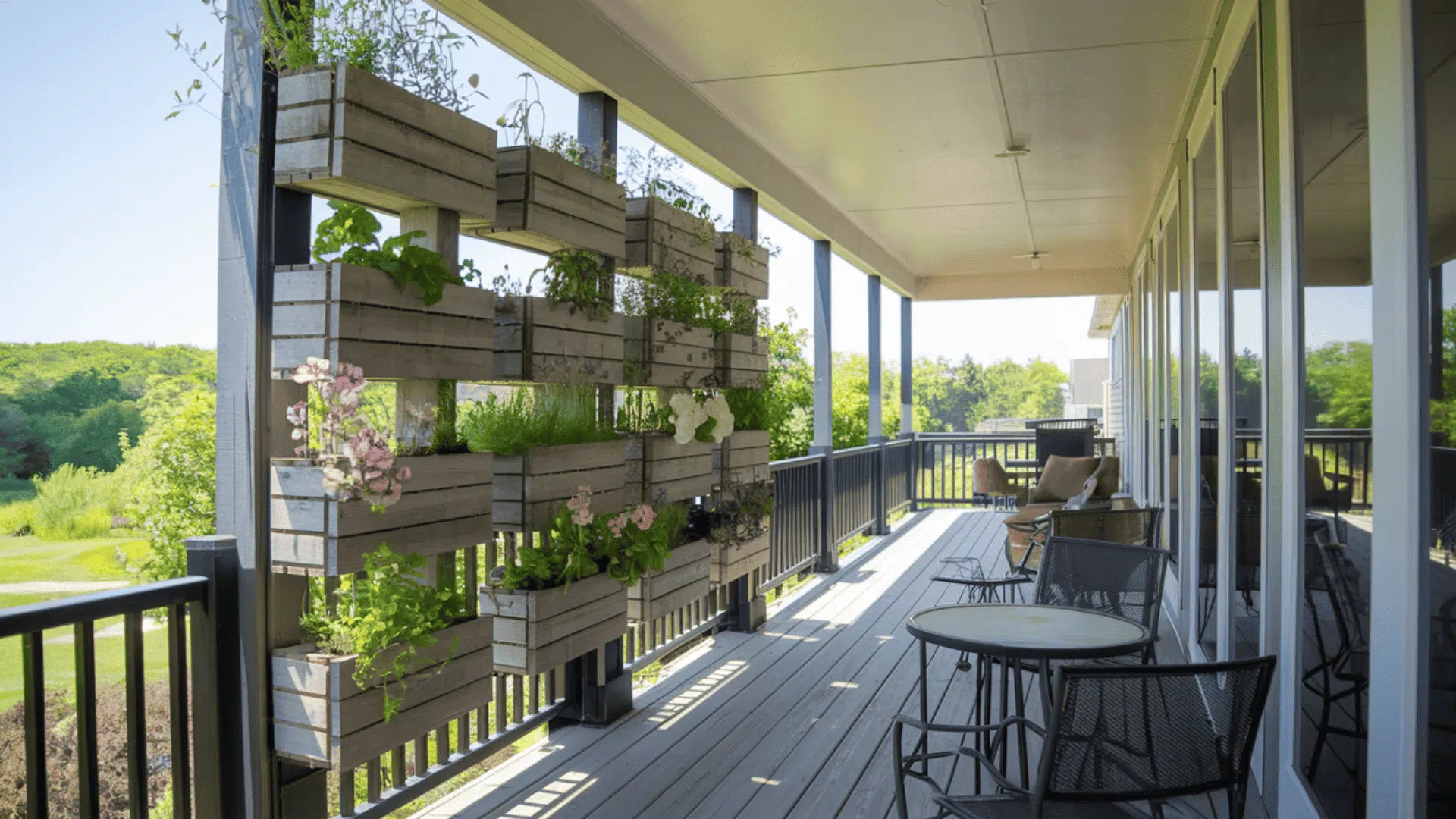 vertical planter wall on a narrow deck adds greenery, privacy, and saves valuable floor space.