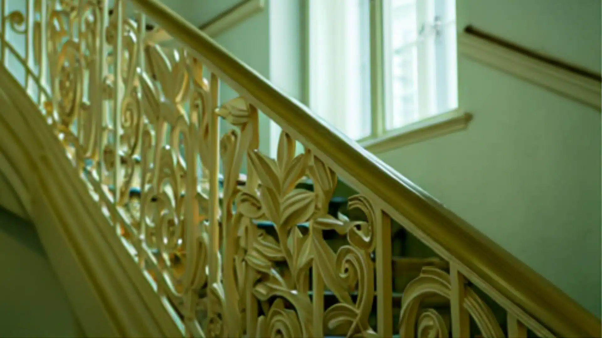 close-up of ornate victorian chair rail molding with carved floral details