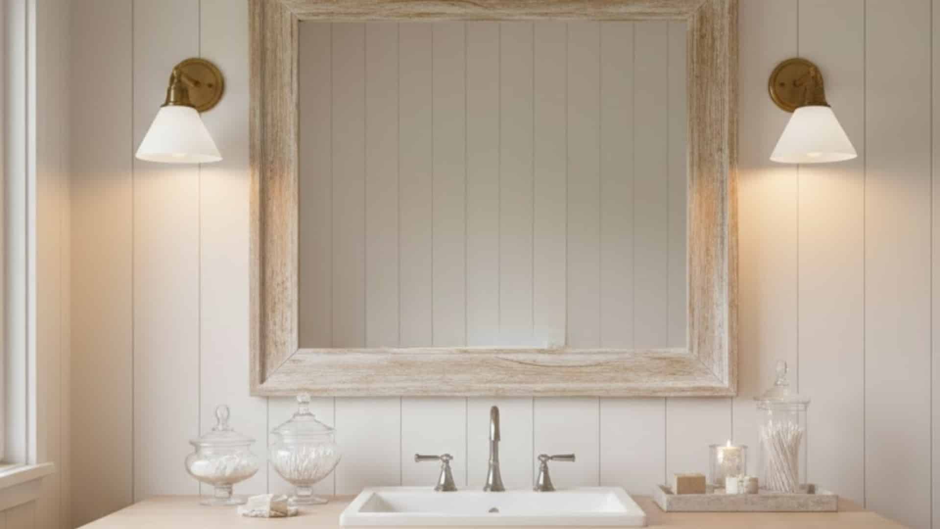 farmhouse bathroom vanity with a rustic wood mirror, wall lights, and vintage-style taps