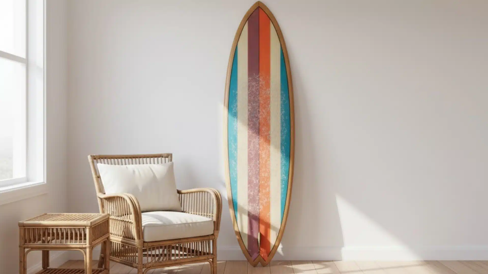 colourful vintage surfboard leaning beside a wicker chair in a bright room