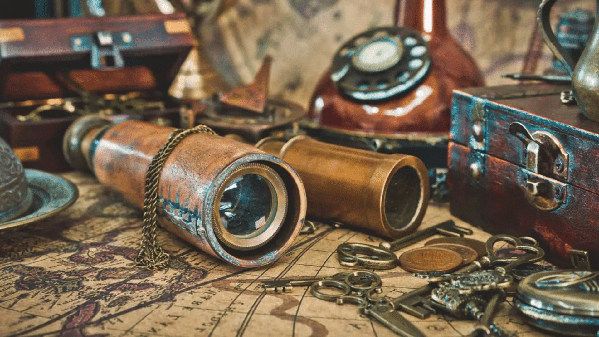 vintage telescope, rotary phone, keys, coins, and old cases arranged on a map