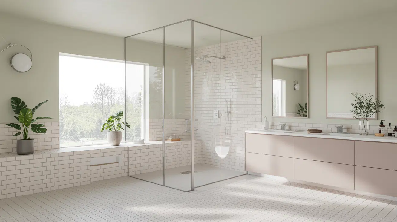bright bathroom with a frameless walk-in shower, bathtub, vanity, and green plants