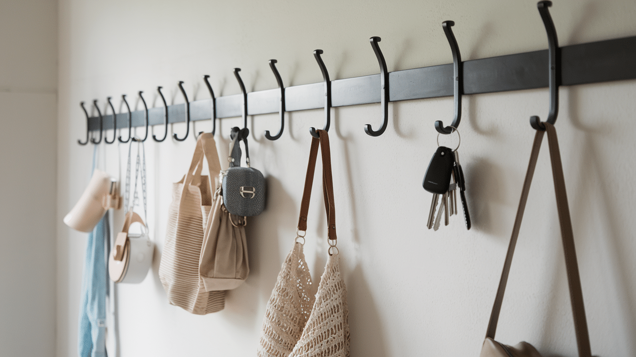 black wall hooks holding keys, bags, hats, and small household items