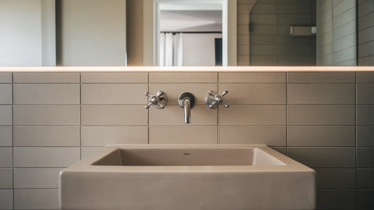 wall-mounted chrome faucets above a rectangular stone sink with grey tiled walls