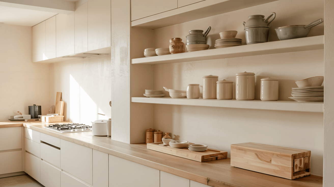 bright kitchen with long wall-mounted shelves displaying neutral dishes, jars, and wooden accessories