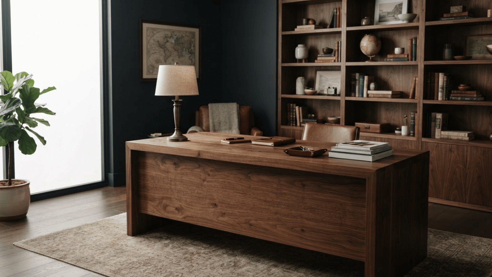 Dark walnut desk and cabinet with smooth grain in a refined study with warm natural light