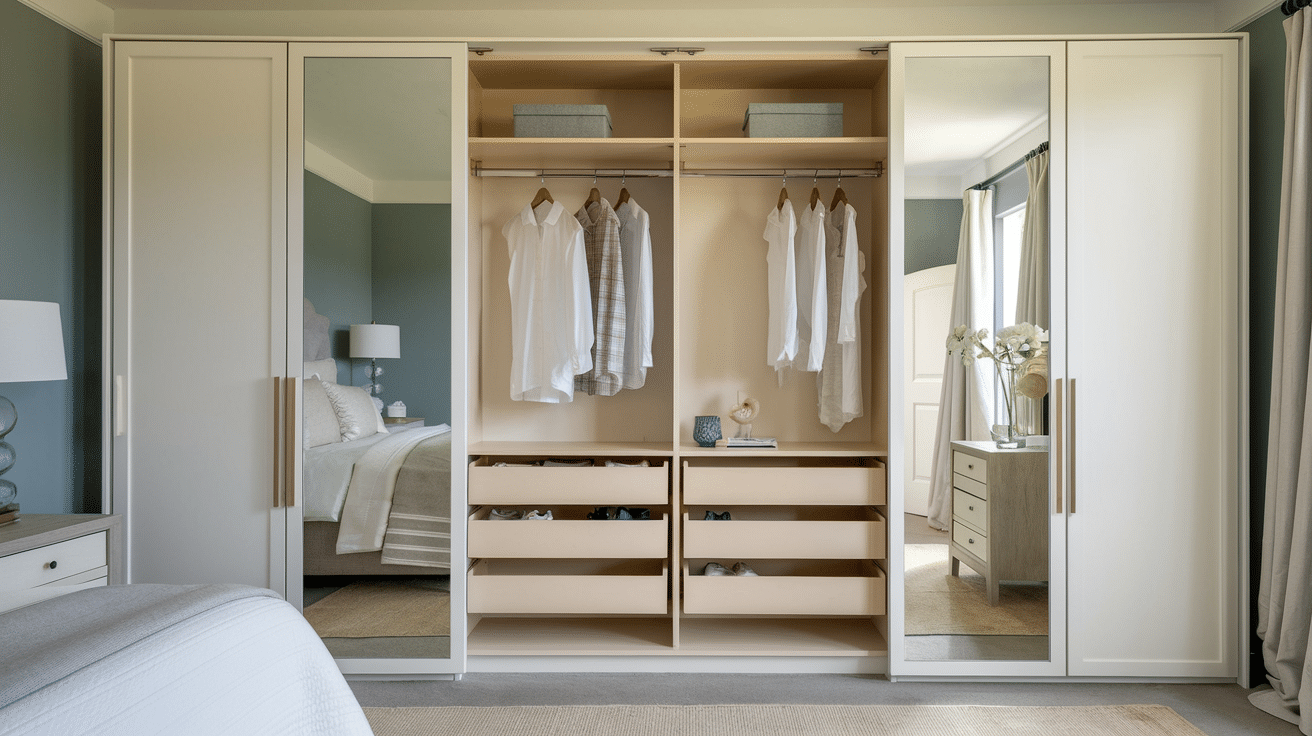 fitted wardrobe with sliding doors, hanging rails, shelves, drawers, and mirrors