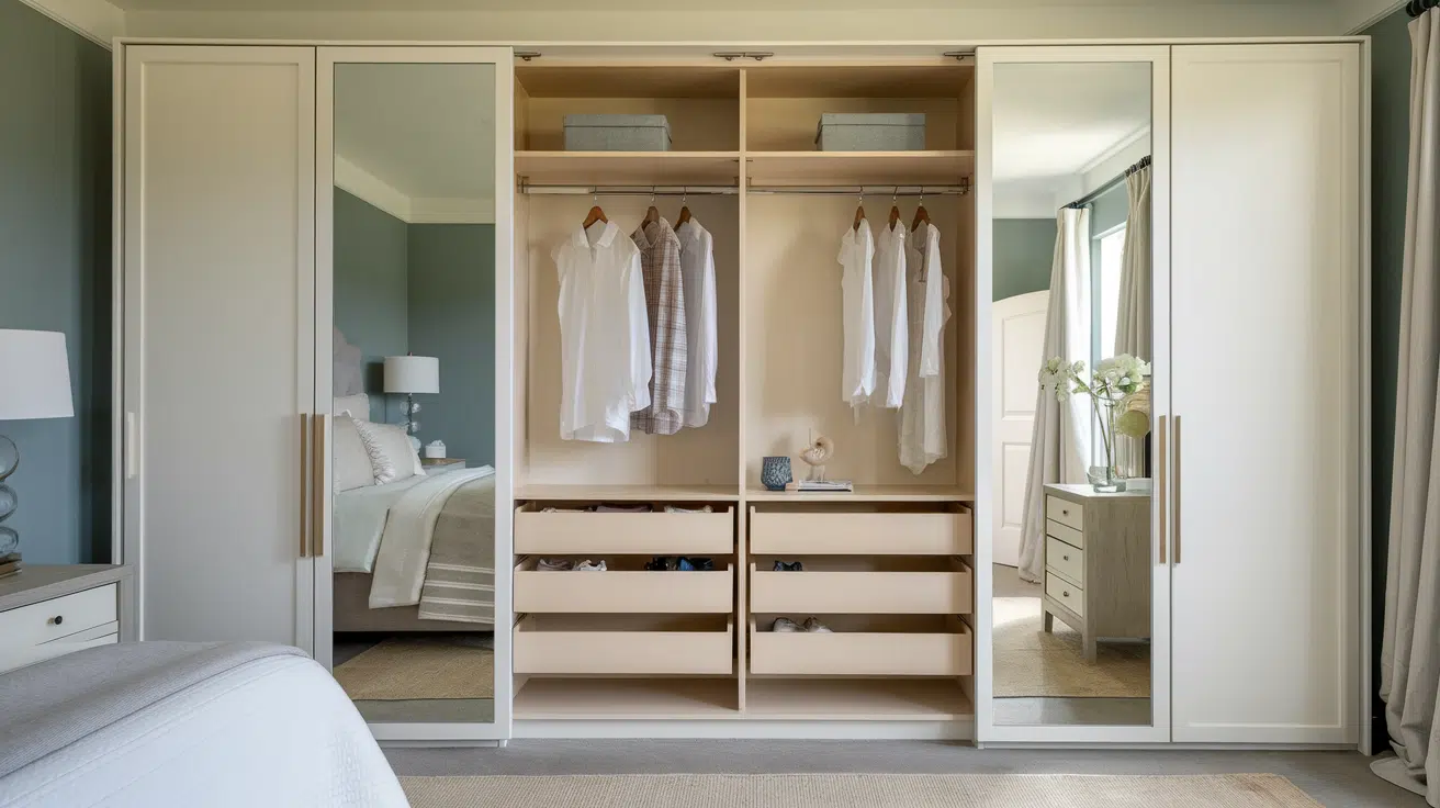 fitted wardrobe with sliding doors, hanging rails, shelves, drawers, and mirrors