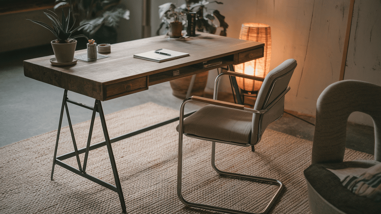 industrial wooden desk with metal legs, chair, rug, plants, and warm lamp