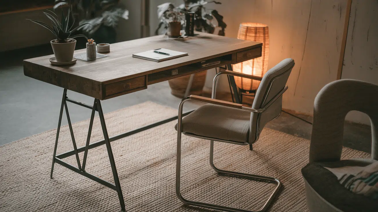 industrial wooden desk with metal legs, chair, rug, plants, and warm lamp