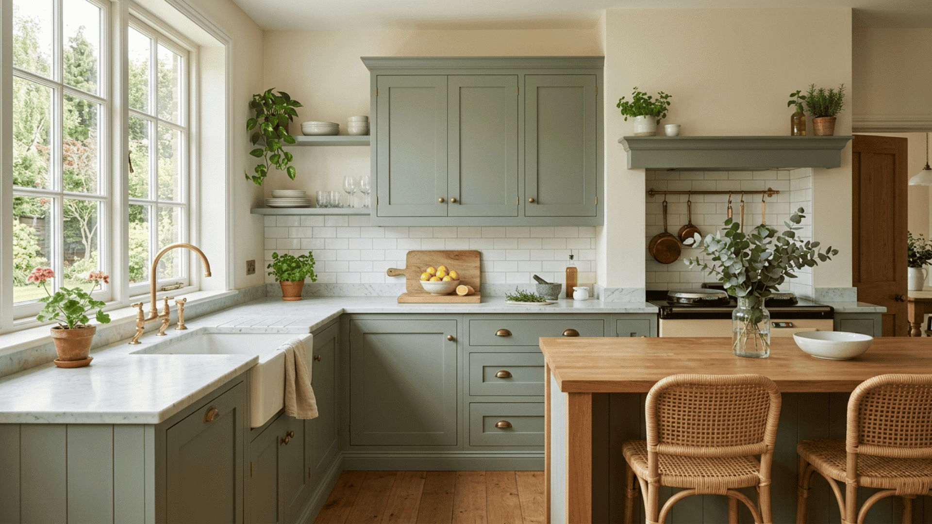 Sage green cabinets paired with warm cream walls