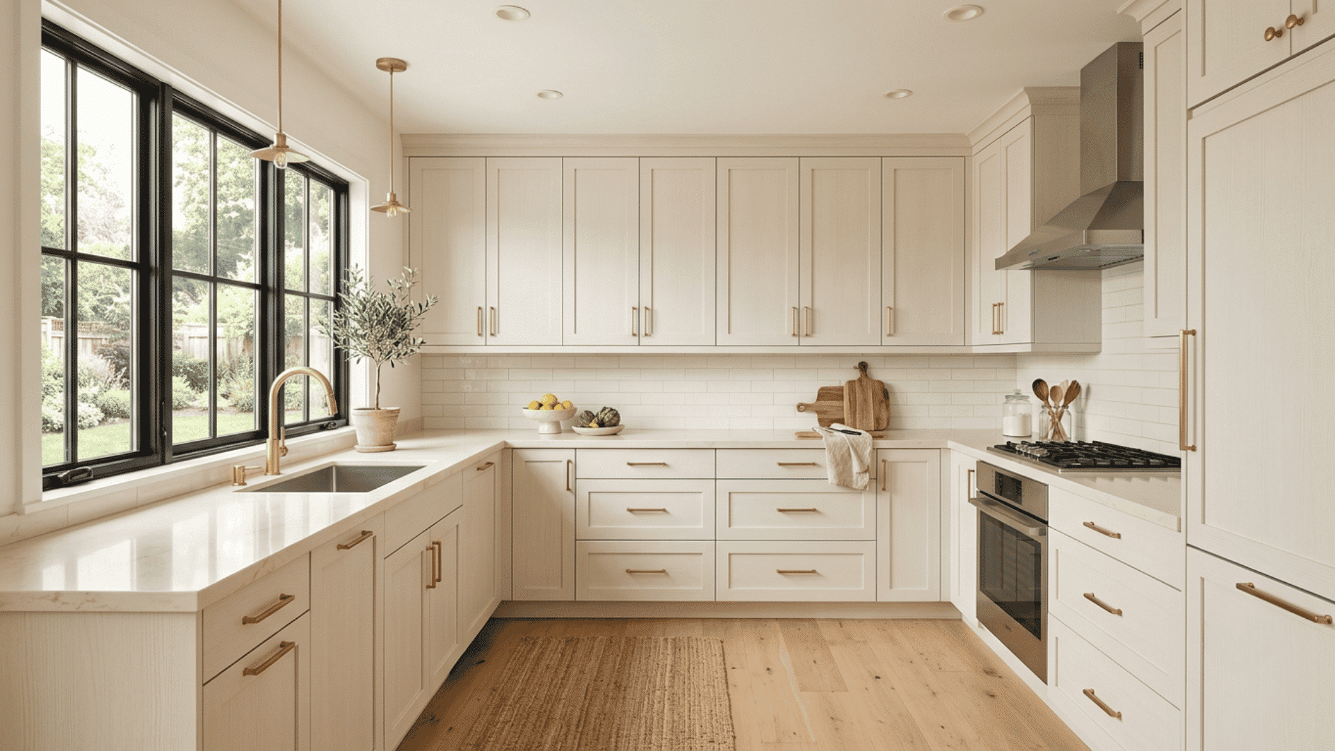 Warm white cabinets with brass hardware in a bright modern kitchen.
