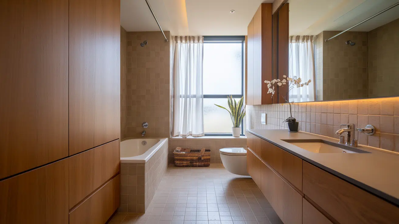 bathroom with warm wood cabinets, a long vanity, bathtub, and large window