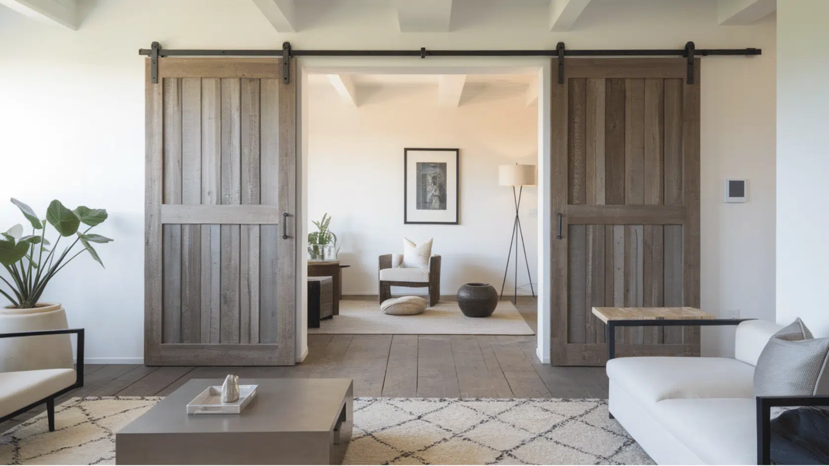 weathered wooden barn doors opening into a bright coastal bedroom