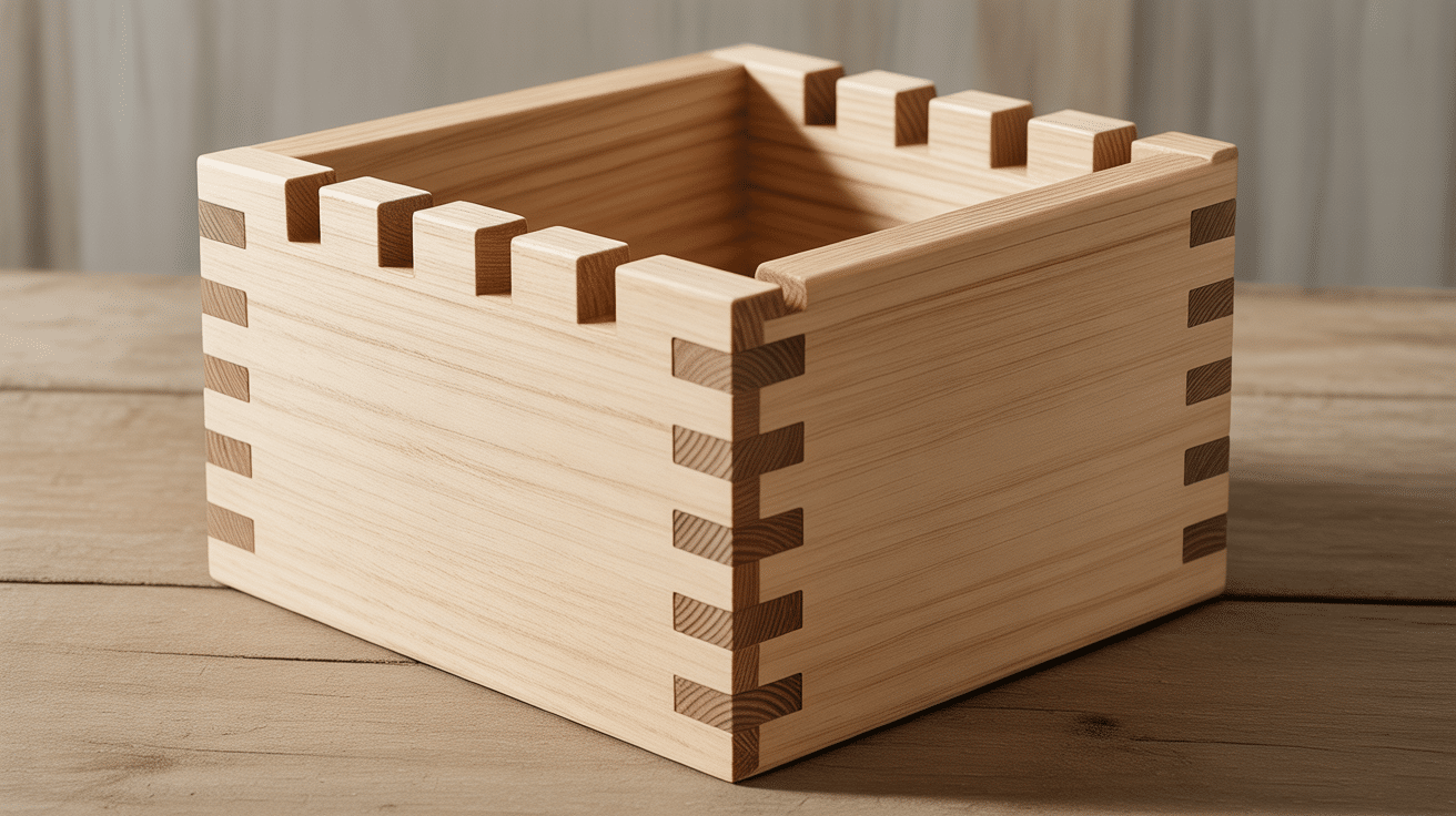 wooden box joint with interlocking fingers showing a strong, precise corner woodworking joint.