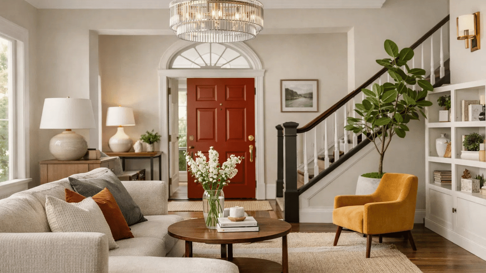 formal drawing room with a stone fireplace, neutral sofa, blue chair, and orange seating