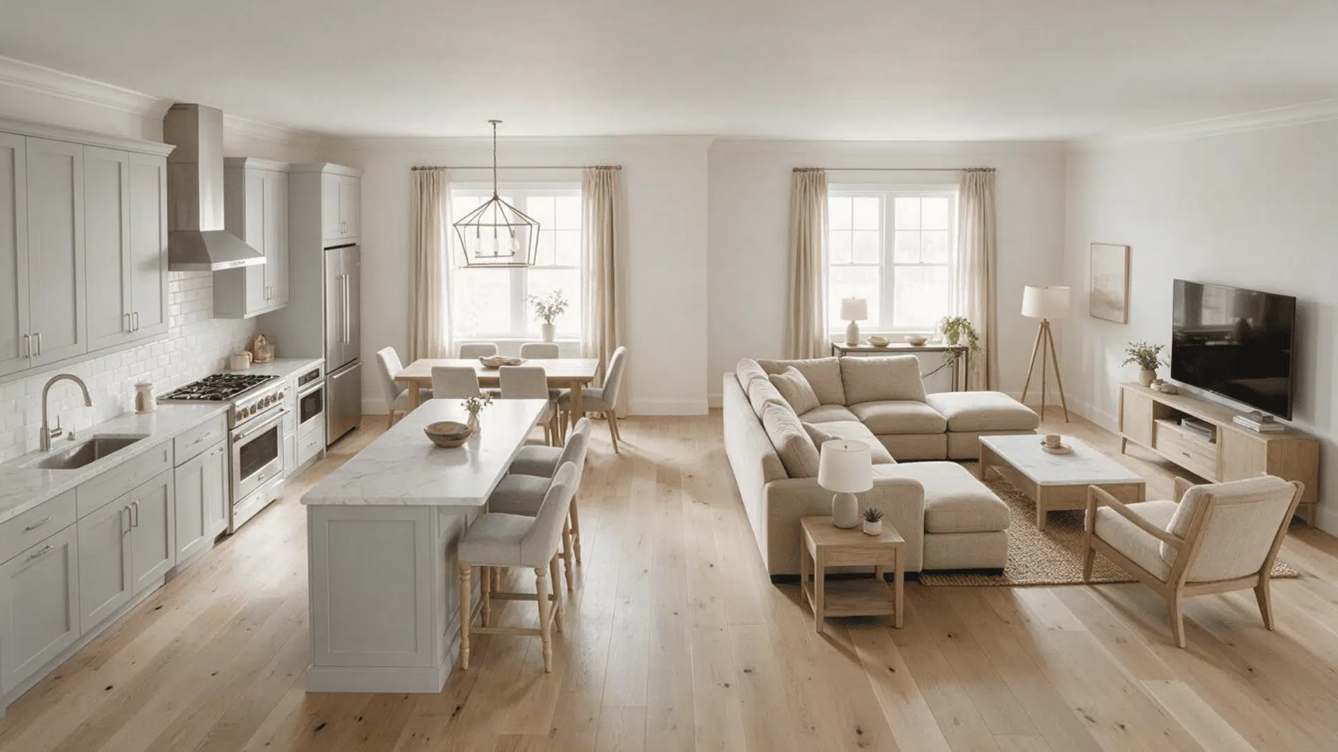 modern open-concept great room with kitchen, dining, and living area