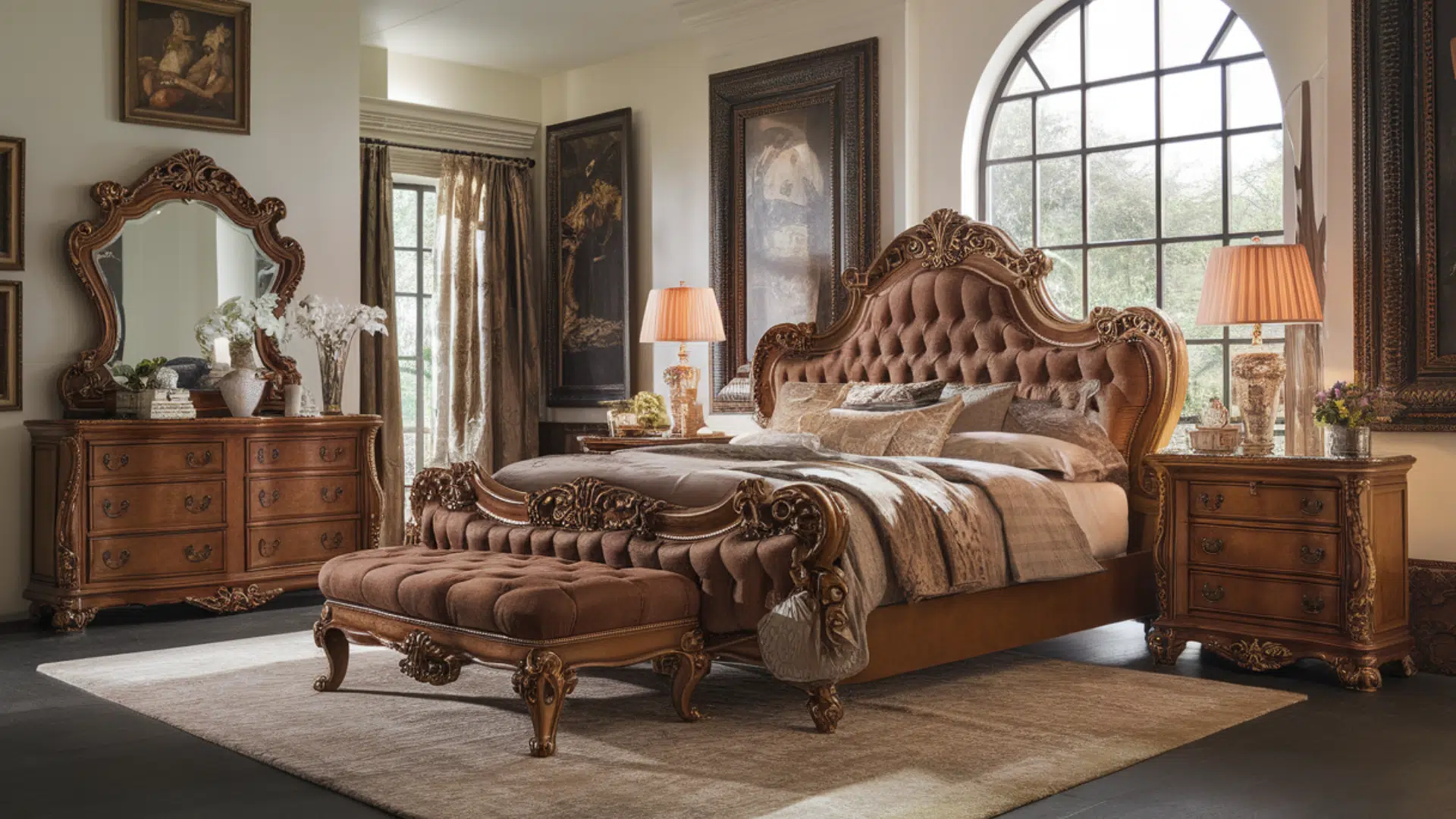 ornate antique bedroom with carved wooden furniture, tufted bed, lamps, and framed artwork
