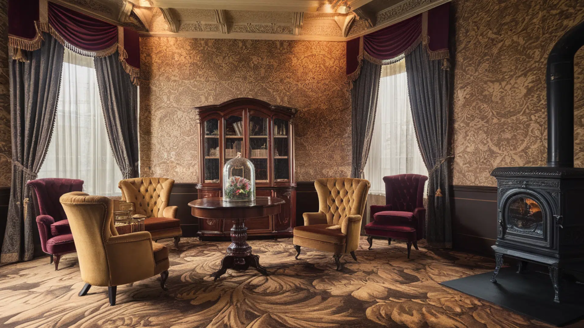 intage sitting room with patterned walls, velvet chairs, draped windows, and a black stove