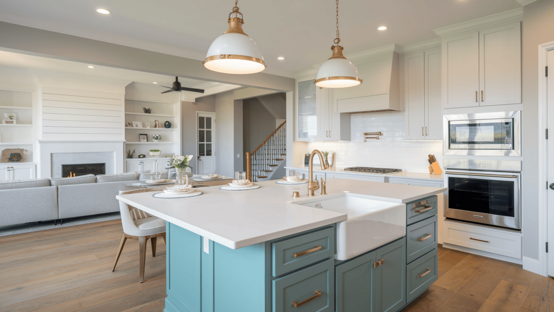 open kitchen with white cabinets, a teal island, pendant lights, and built-in ovens