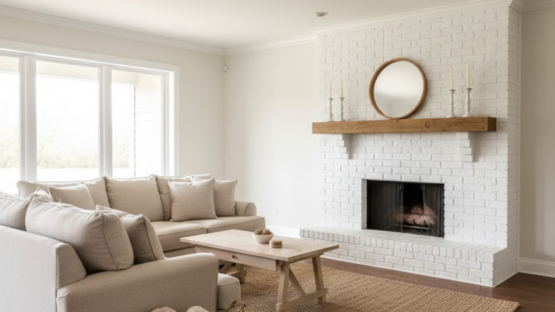 white brick fireplace with a wooden mantel, round mirror, pale sofa, and coffee table