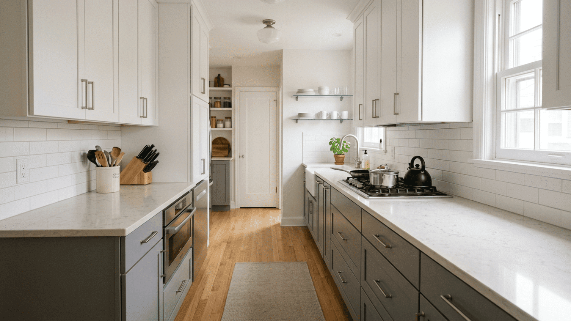 White upper cabinets and gray lower cabinets in a bright galley kitchen with quartz counters.