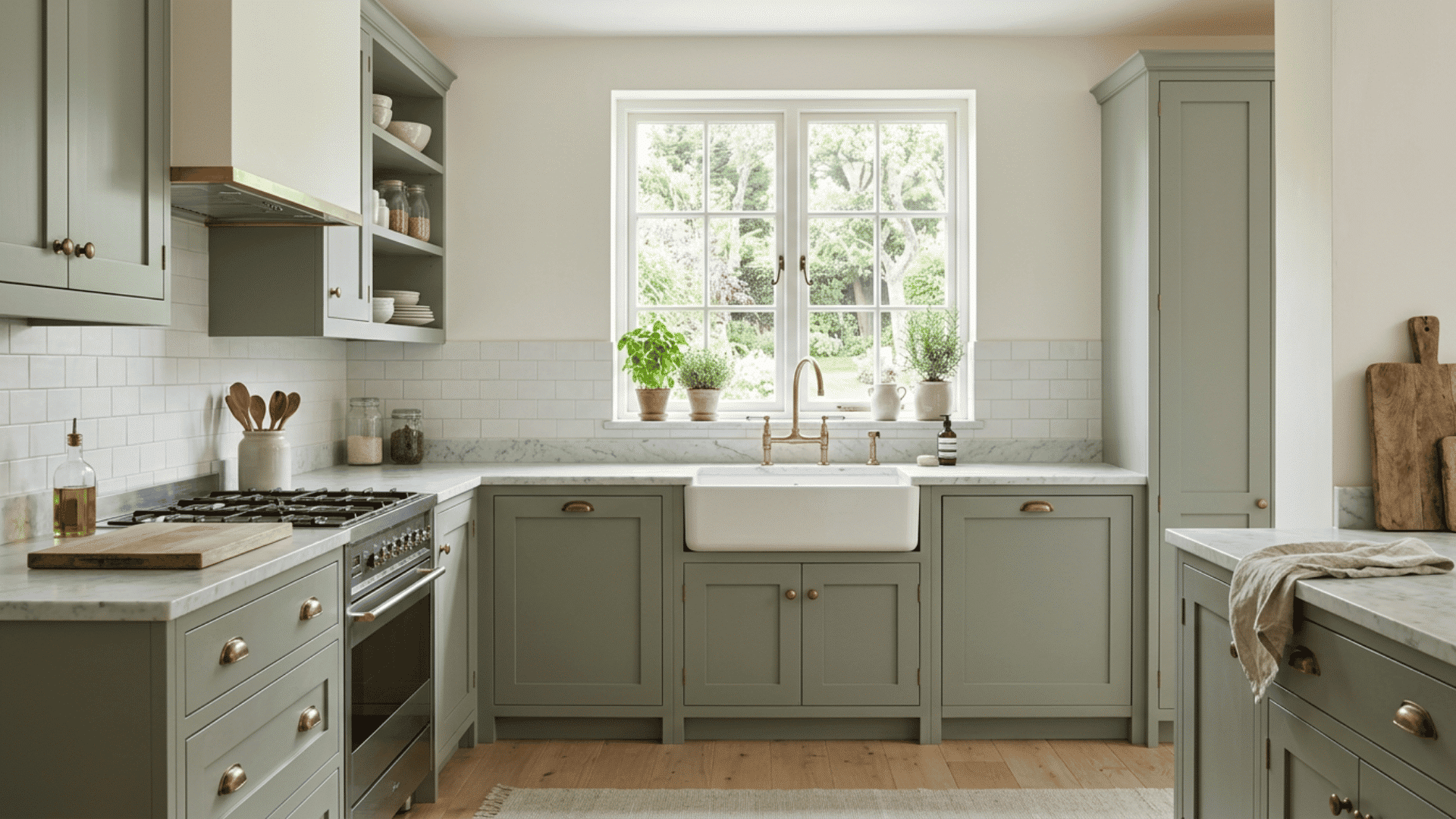 Sage green cabinets with white marble countertops