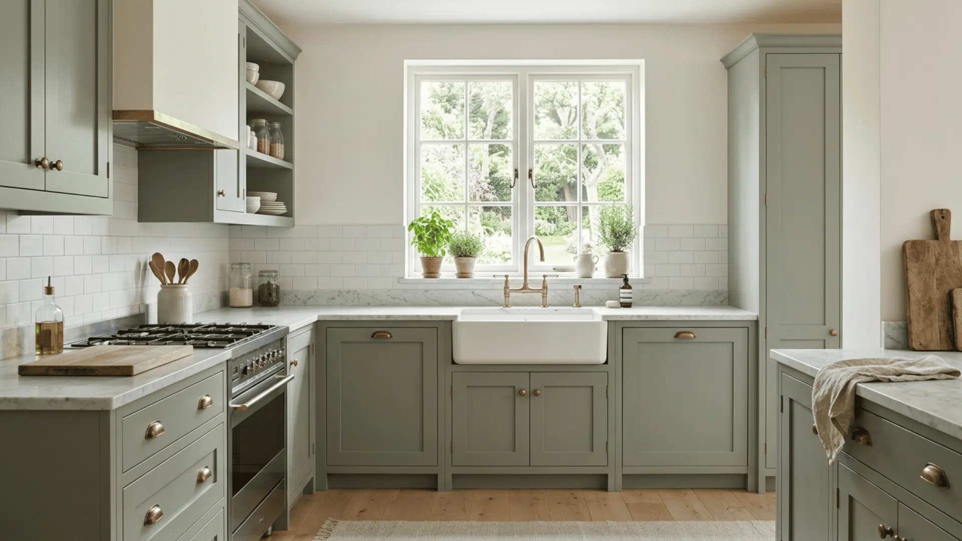 Sage green cabinets with white marble countertops