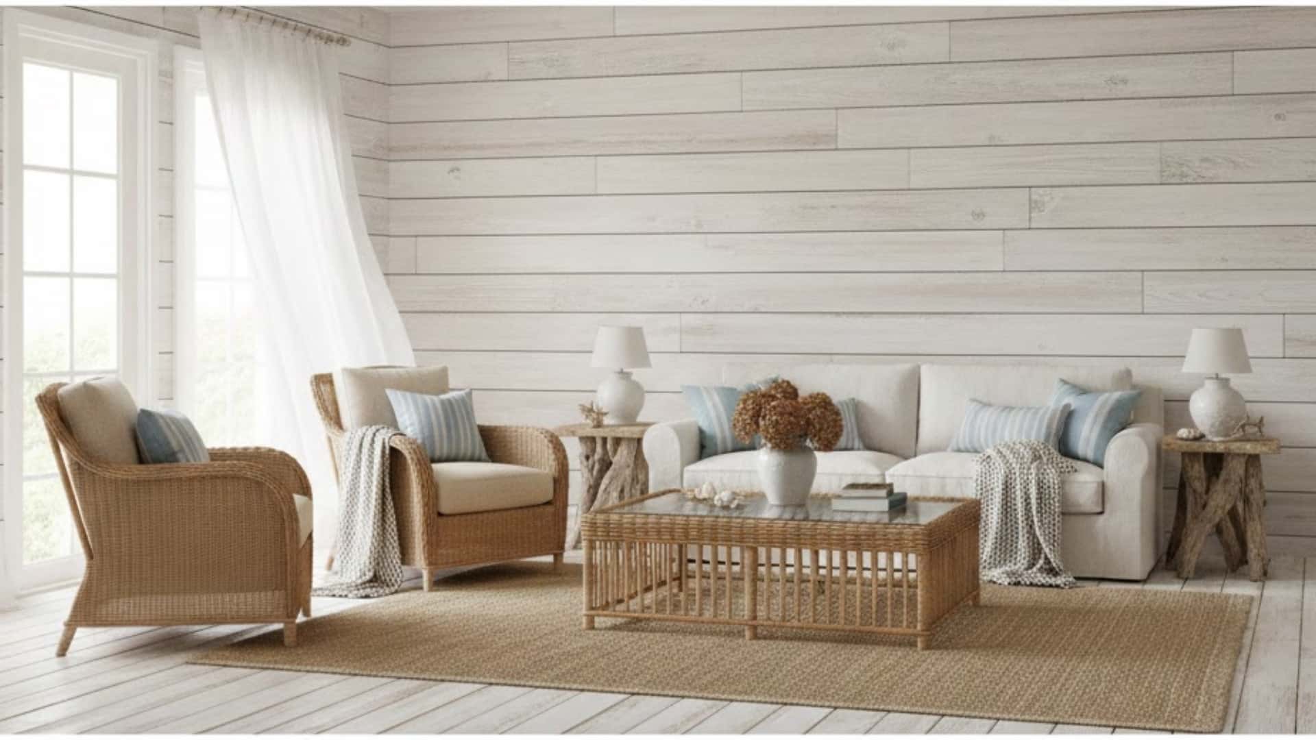 coastal living room with whitewashed wood walls and wicker furniture