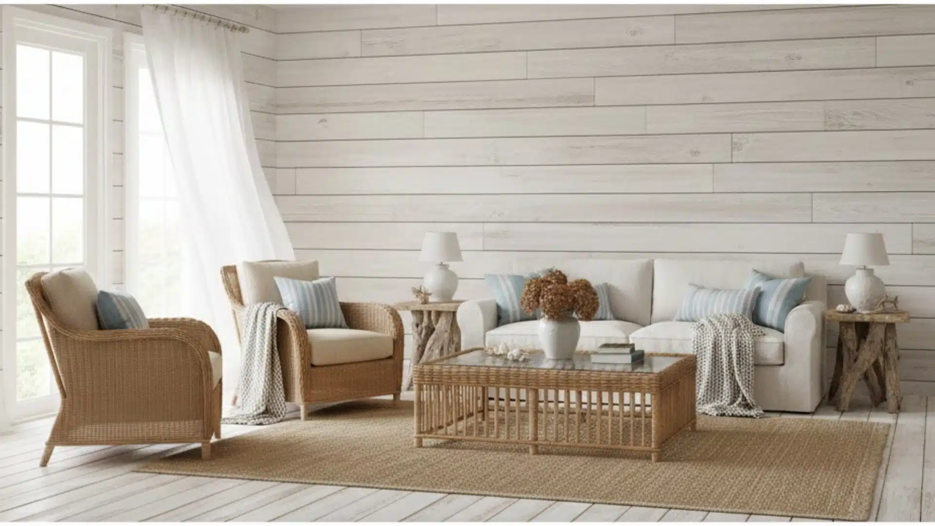 coastal living room with whitewashed wood walls and wicker furniture