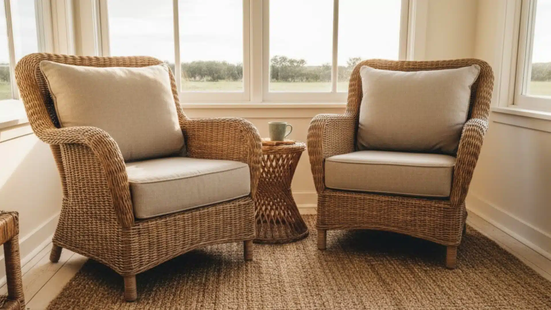 two wicker armchairs with cream cushions beside a small woven table