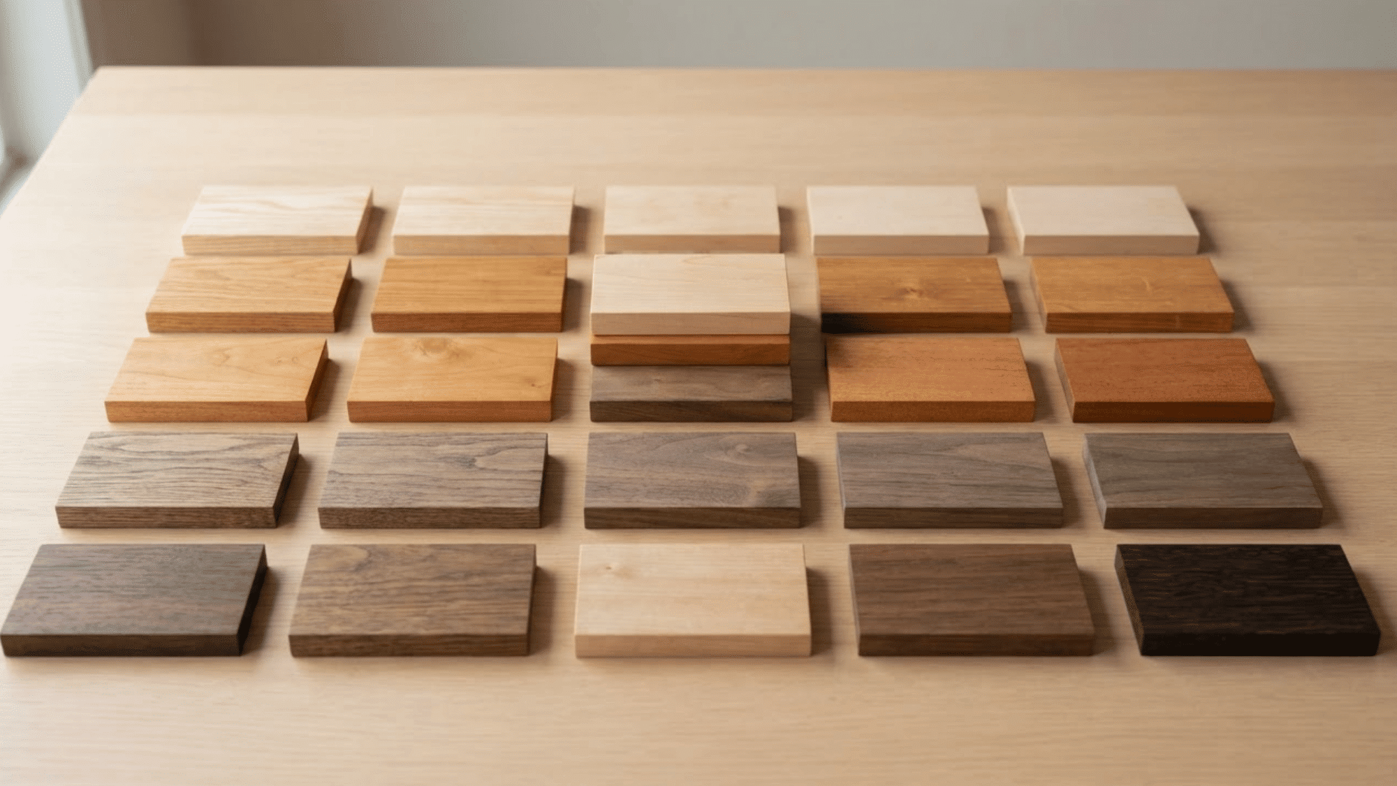 Assorted wood samples in light and dark tones arranged on a clean light oak tabletop.