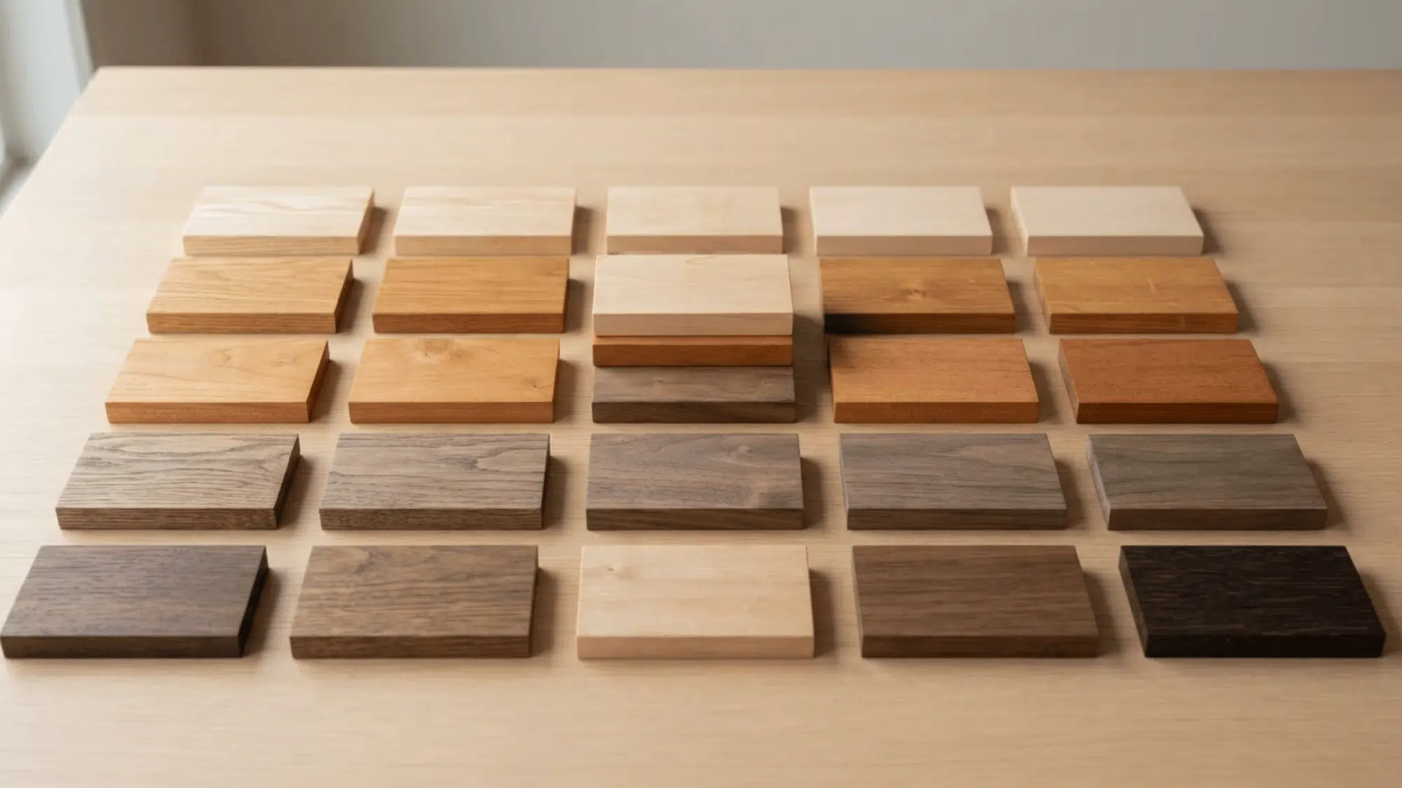 Assorted wood samples in light and dark tones arranged on a clean light oak tabletop.