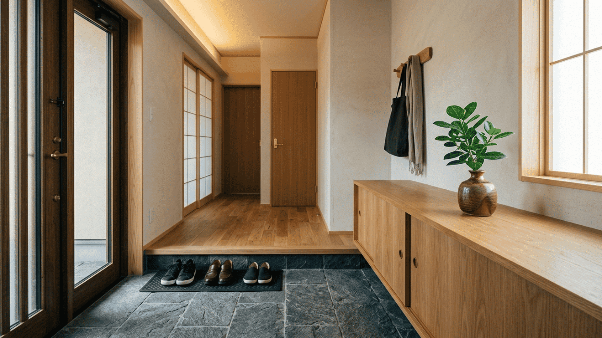 wooden Japanese entryway with shoe storage, stone flooring, hooks, and a plant