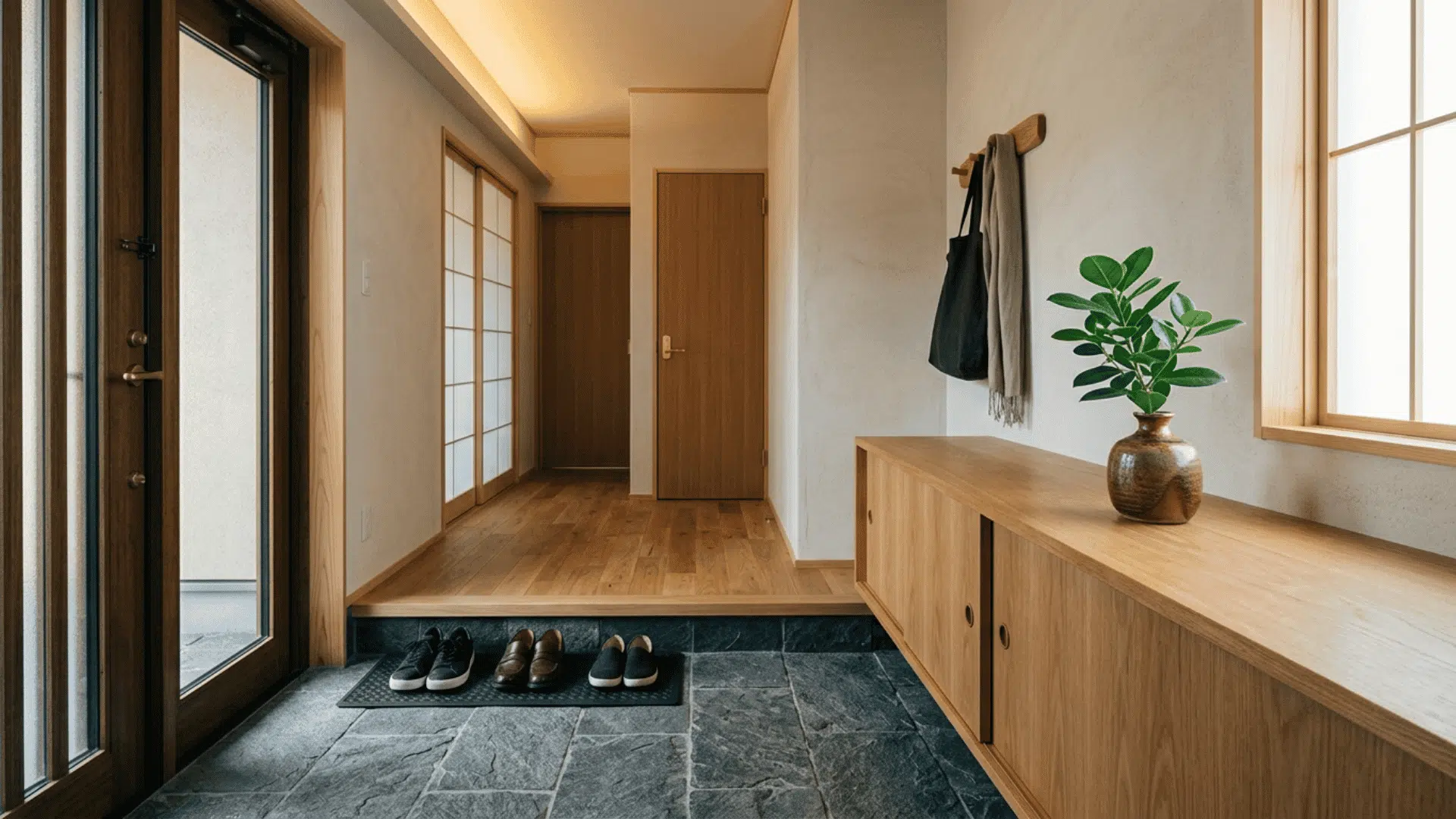 wooden Japanese entryway with shoe storage, stone flooring, hooks, and a plant