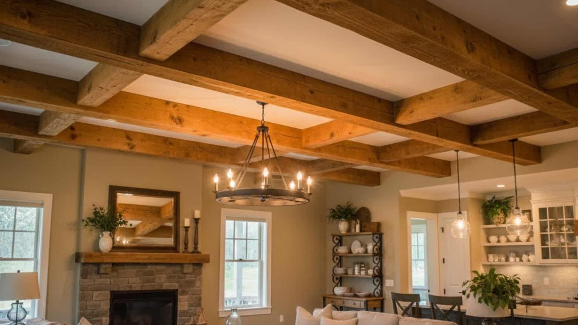farmhouse living room with exposed wooden ceiling beams, a fireplace, and warm lighting