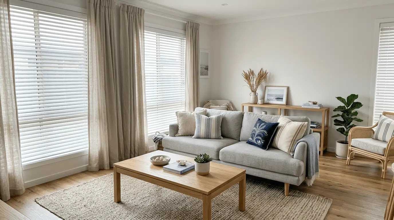 light oak wood tones with linen curtains and cotton pillows in a coastal living room