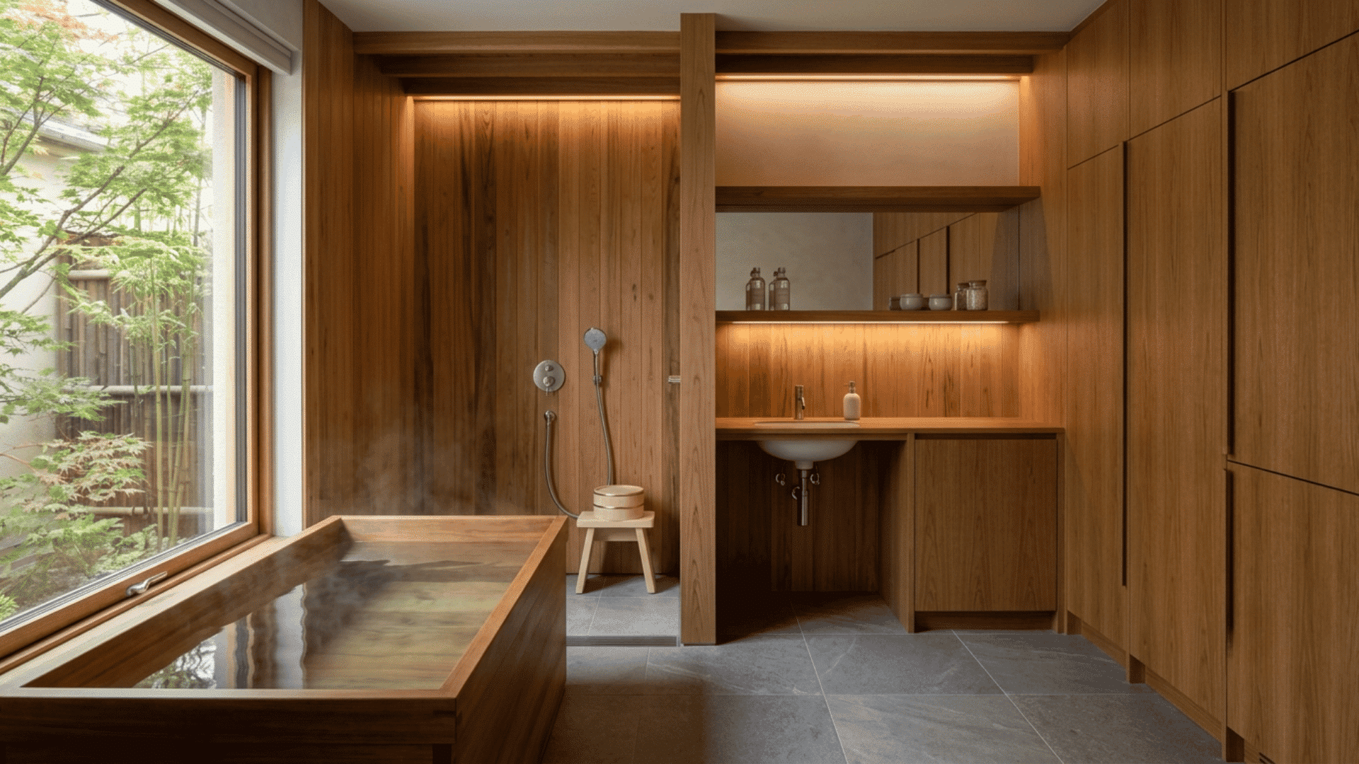 zen bathroom with a steaming wooden tub, timber walls, shower, and garden view
