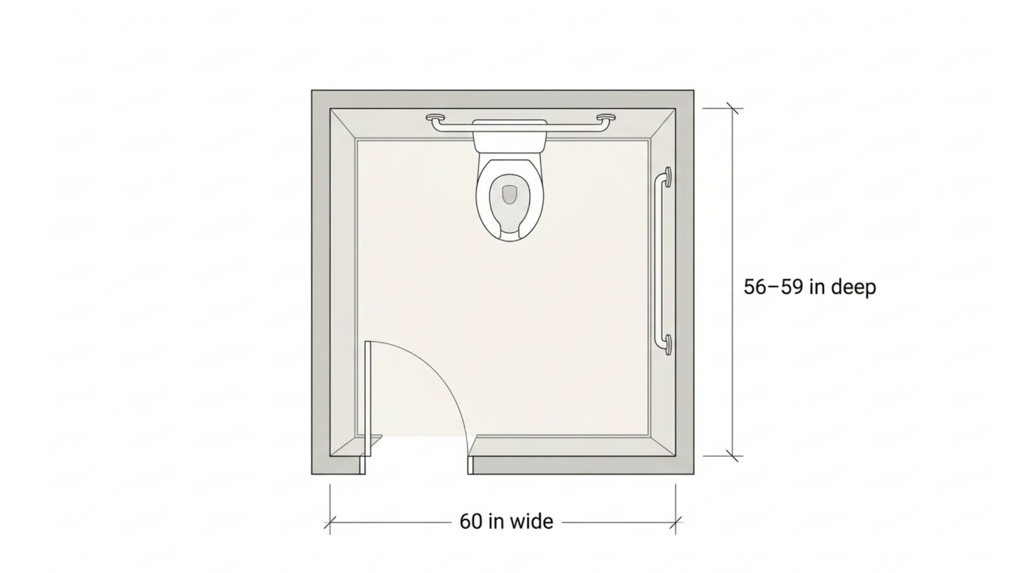 Accessible toilet room plan with 60-inch width and 56–59-inch depth.
