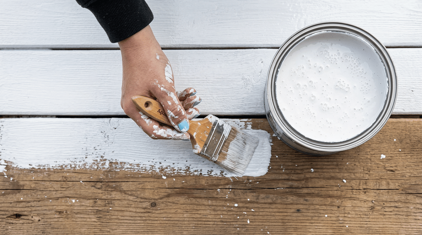 paintbrush loaded with white acrylic paint dripping over a bucket on wood surface